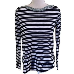 Anthropologie Postmark Black and White Striped Tee with Floral Fabric Detail